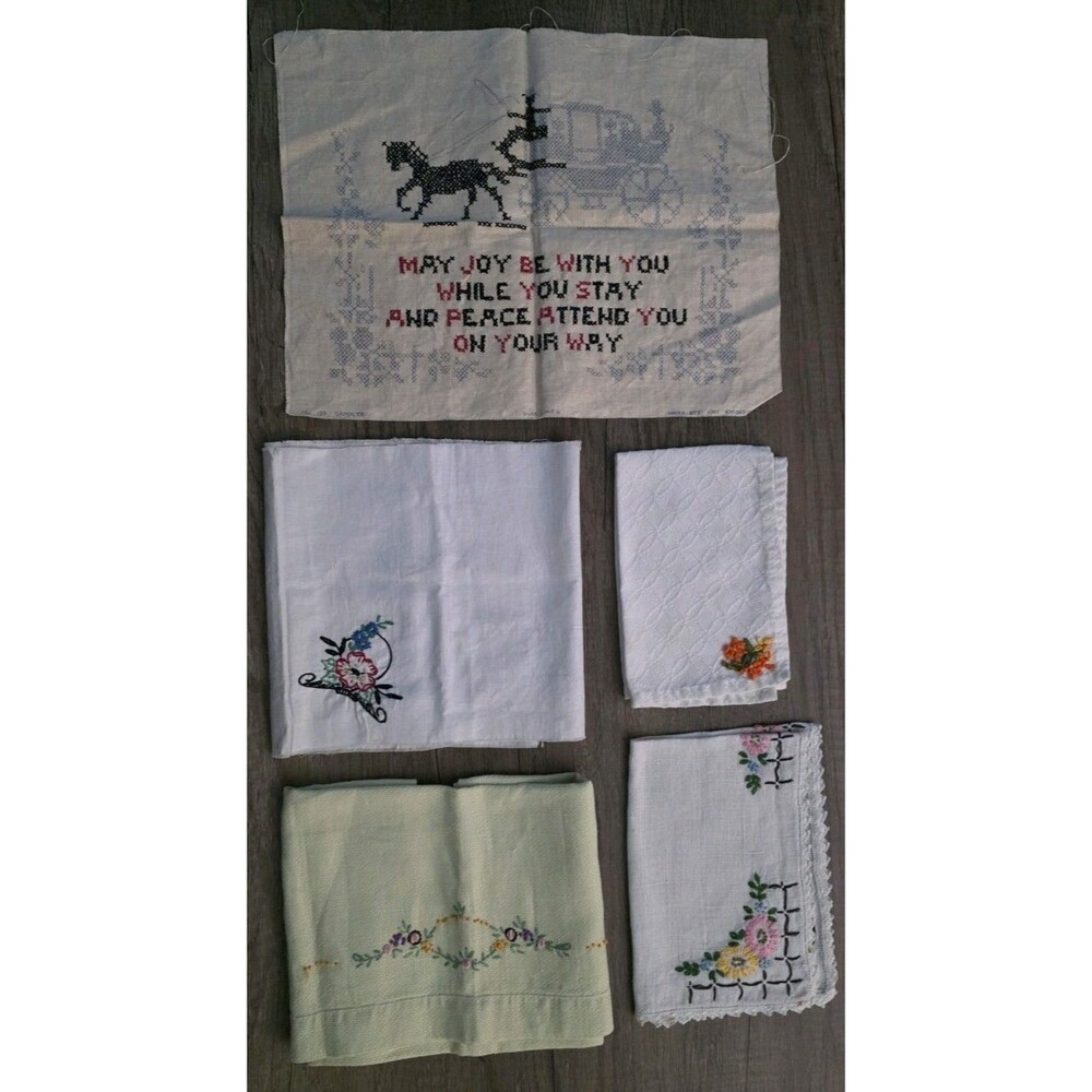 Vintage Embroidered Cloth Pieces Random 5 Piece Lot Finished & Unfinished